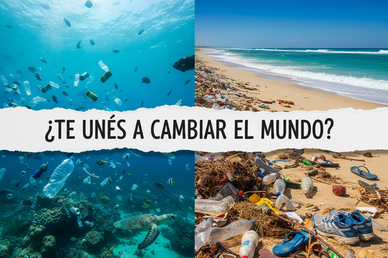 Hero banner ambiental con botellas de plástico